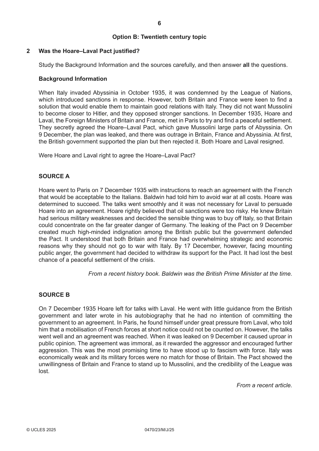 Cambridge IGCSE History 0470 2025 May/June Paper 2 · Variant 3 question paper, page 6 of 12