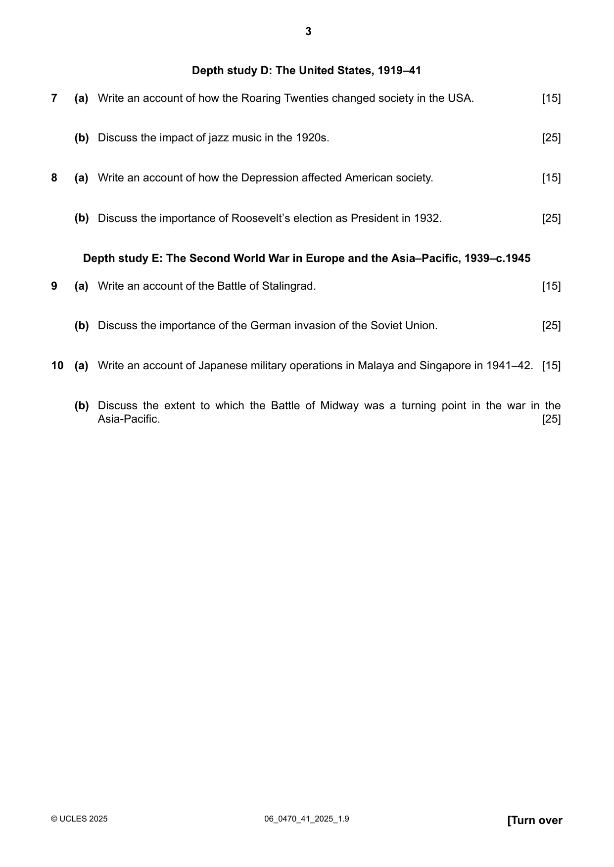 Cambridge IGCSE History 0470 2025 May/June Paper 4 · Variant 1 question paper, page 3 of 4