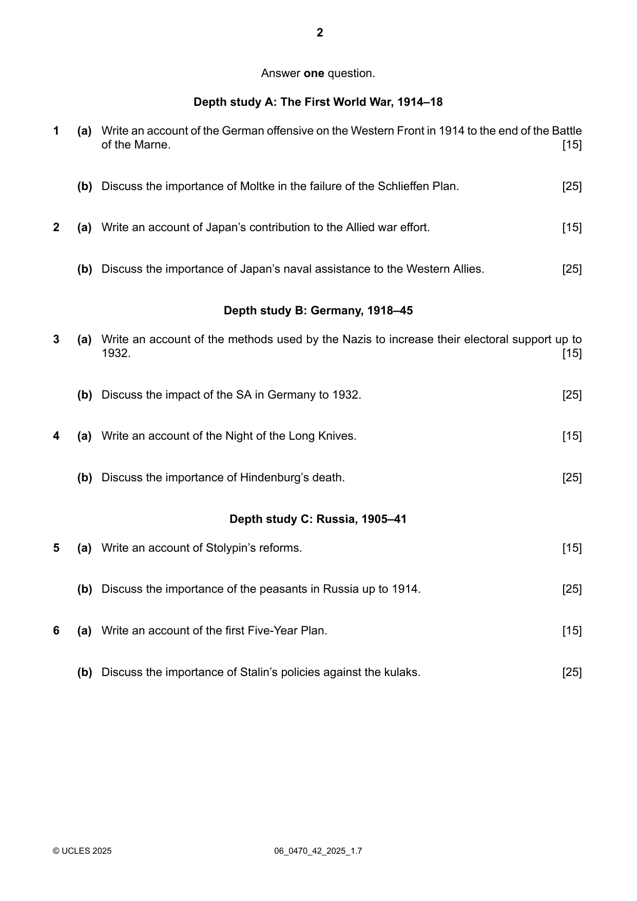 Cambridge IGCSE History 0470 2025 May/June Paper 4 · Variant 2 question paper, page 2 of 4