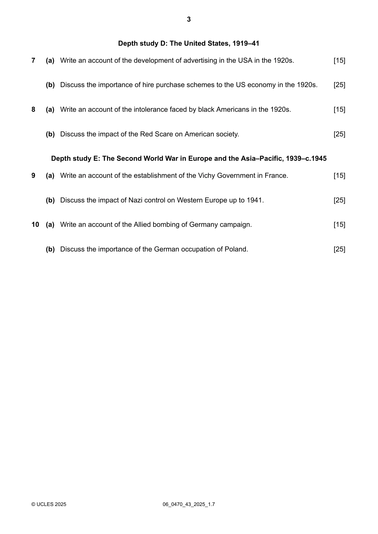 Cambridge IGCSE History 0470 2025 May/June Paper 4 · Variant 3 question paper, page 3 of 4