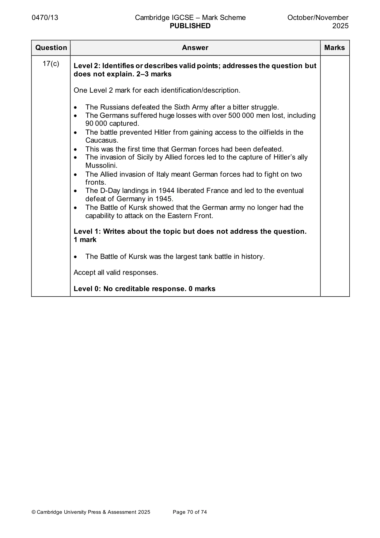 Mark scheme, page 70 of 74
