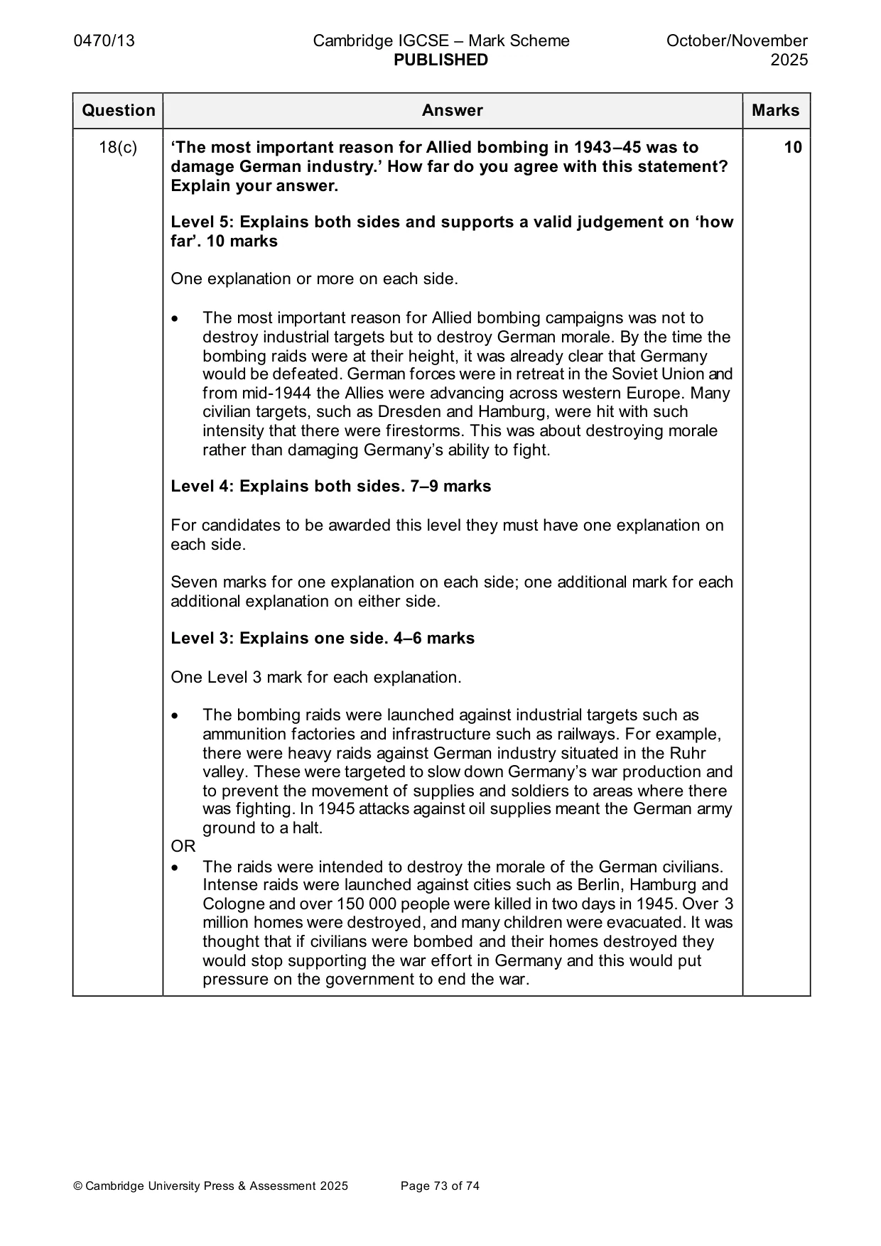Mark scheme, page 73 of 74