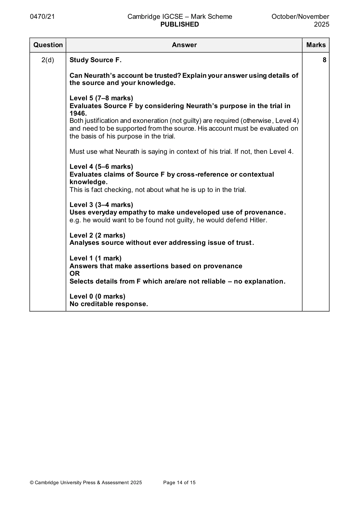 Mark scheme, page 14 of 15
