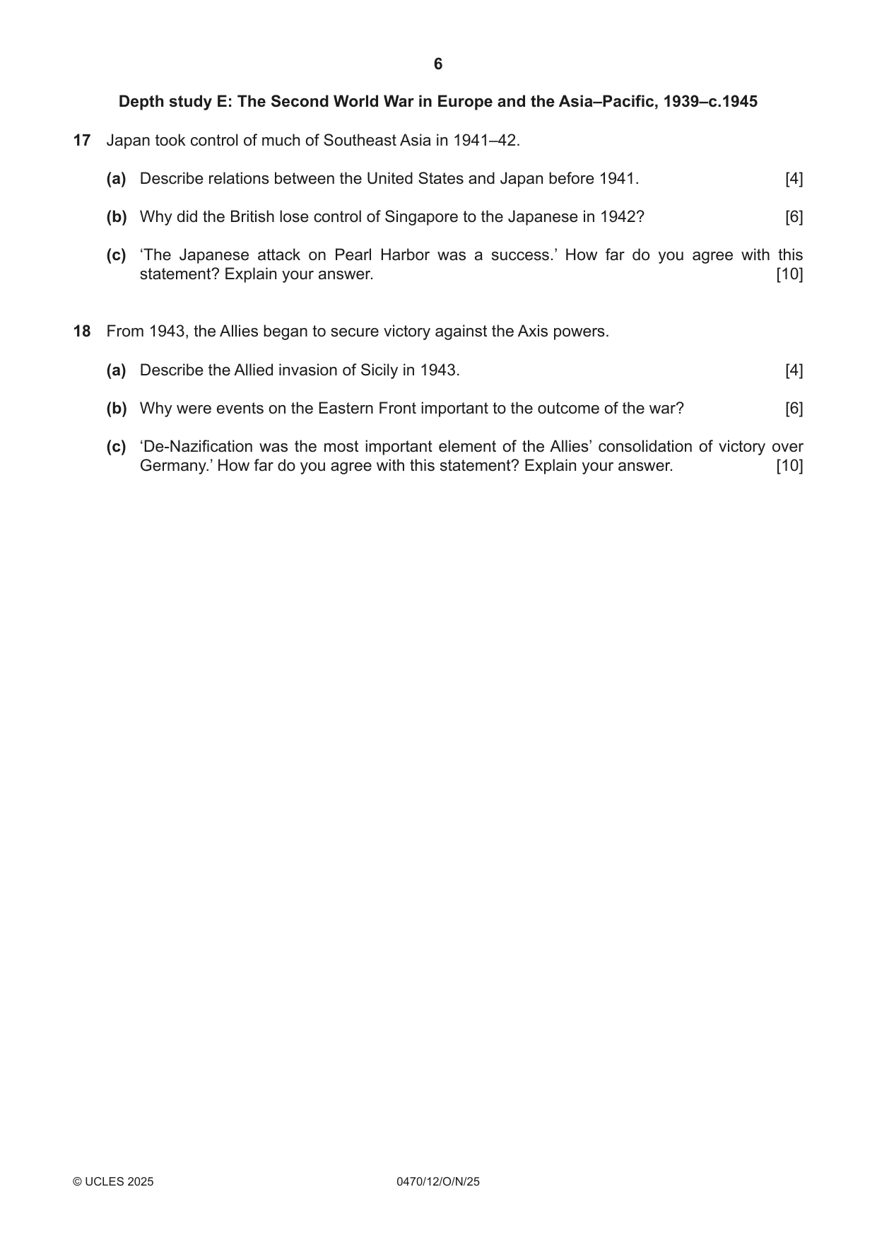 Cambridge IGCSE History 0470 2025 Oct/Nov Paper 1 · Variant 2 question paper, page 6 of 8