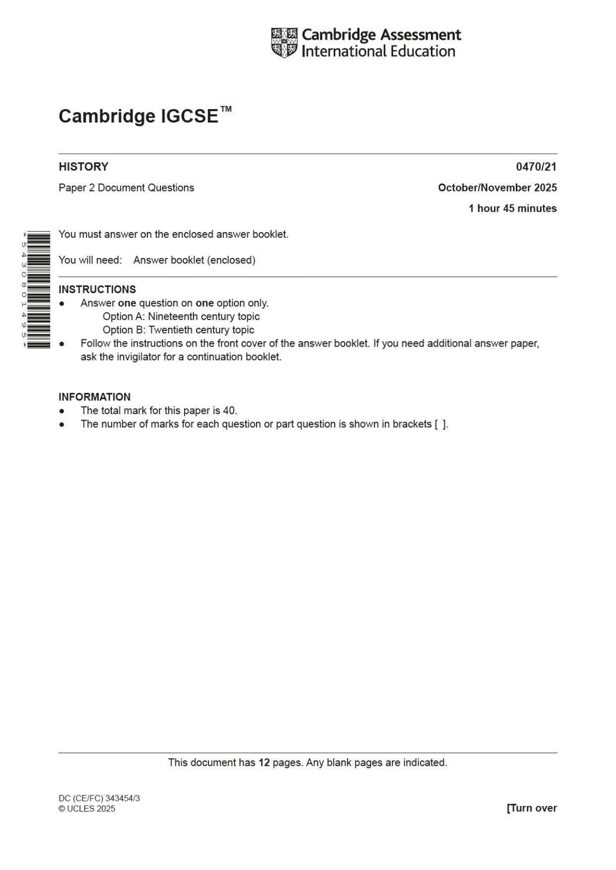 Cambridge IGCSE History 0470 2025 Oct/Nov Paper 2 · Variant 1 question paper, page 1 of 12