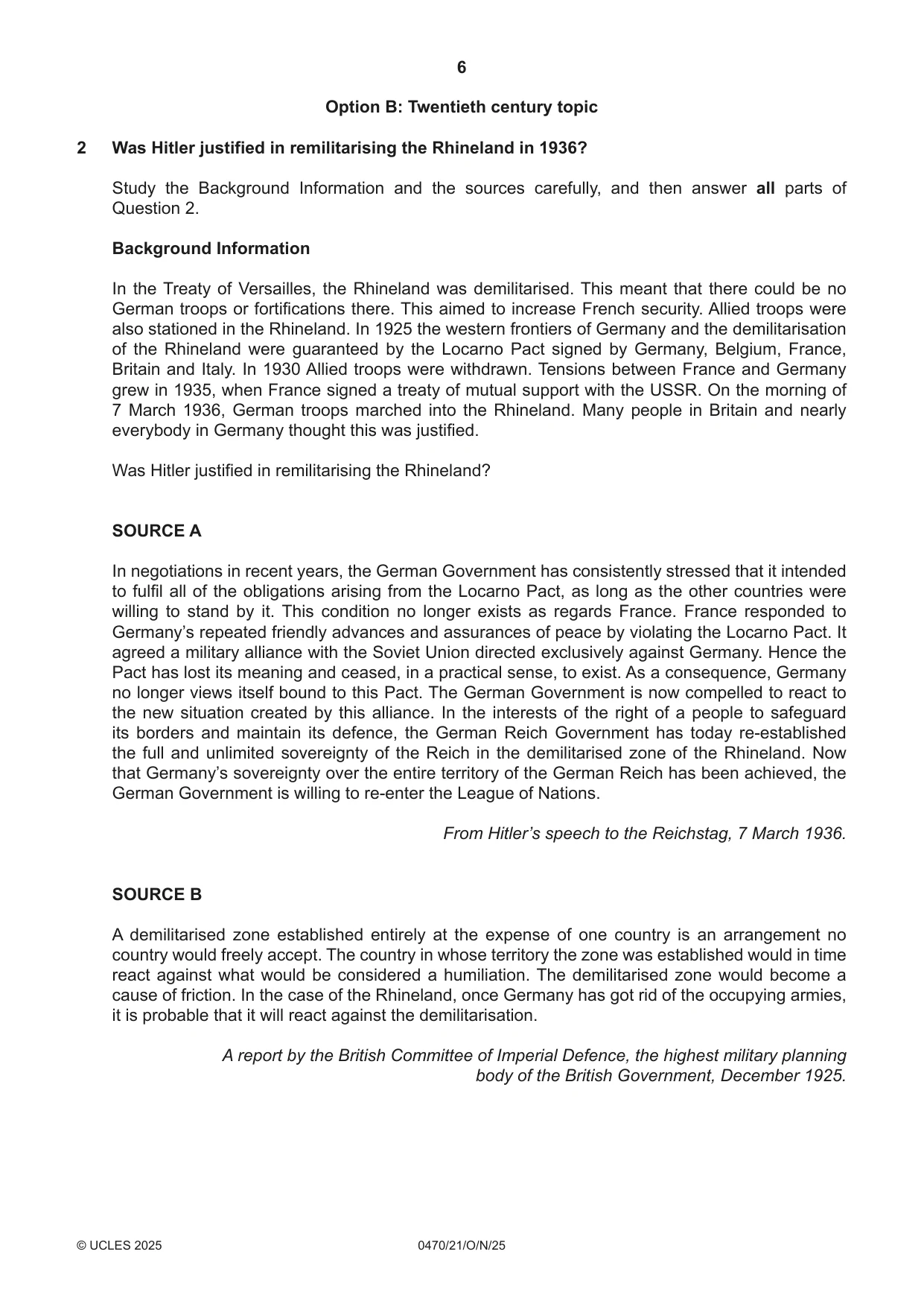 Cambridge IGCSE History 0470 2025 Oct/Nov Paper 2 · Variant 1 question paper, page 6 of 12