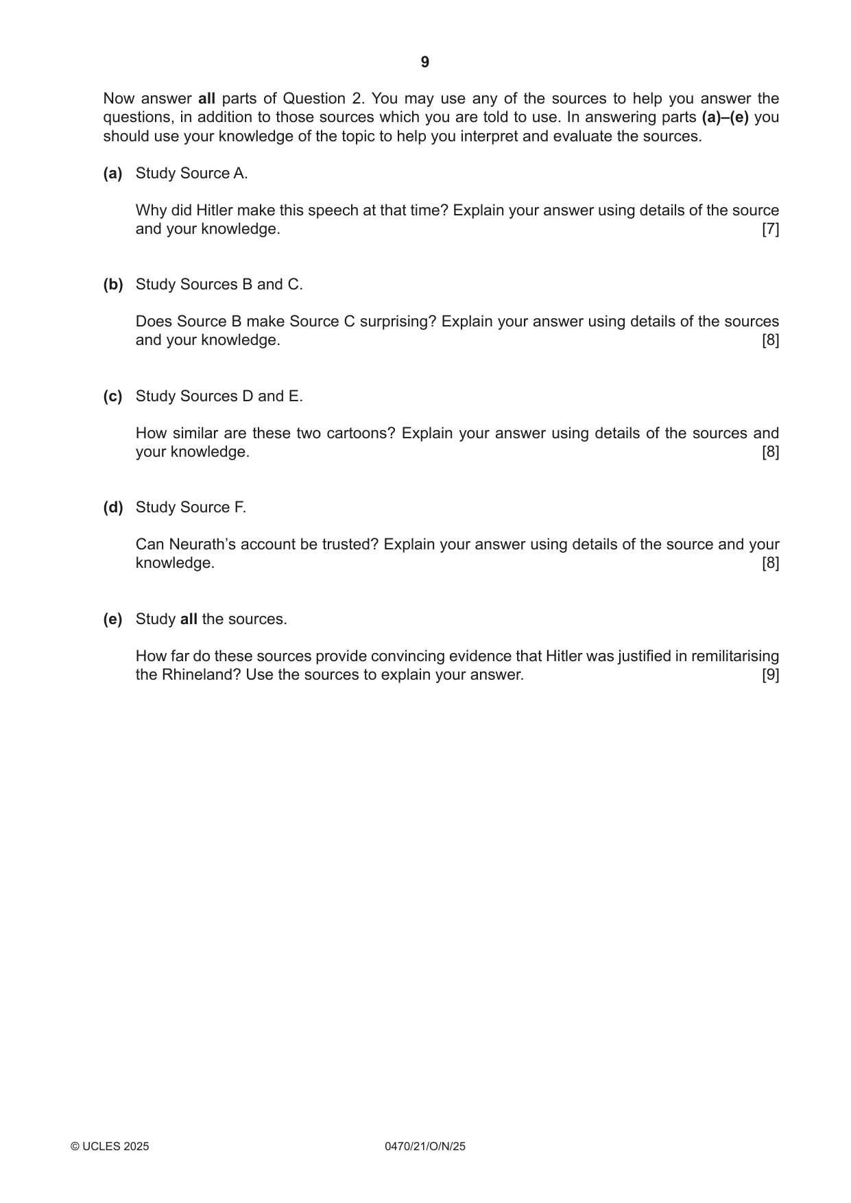 Cambridge IGCSE History 0470 2025 Oct/Nov Paper 2 · Variant 1 question paper, page 9 of 12