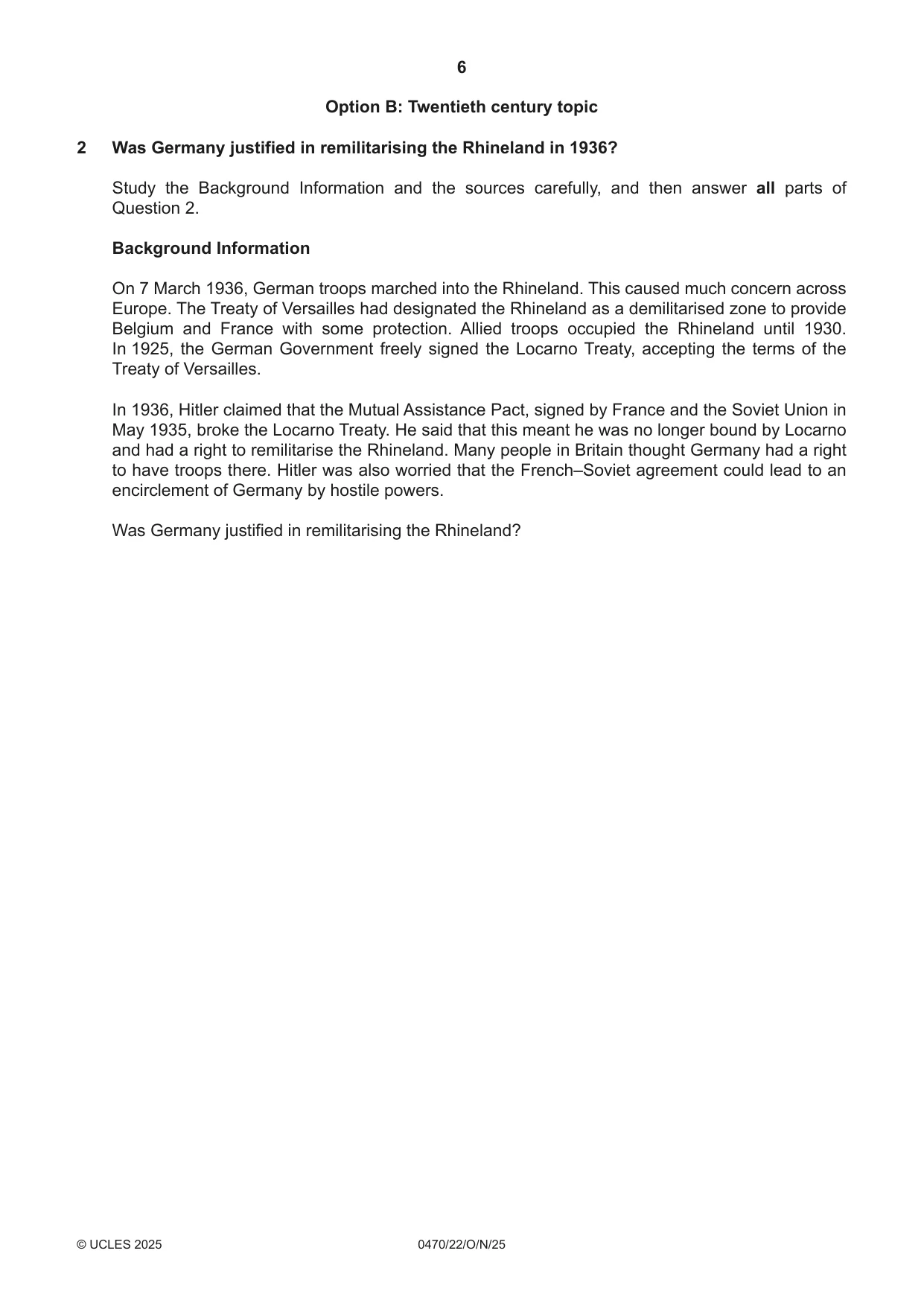 Cambridge IGCSE History 0470 2025 Oct/Nov Paper 2 · Variant 2 question paper, page 6 of 12