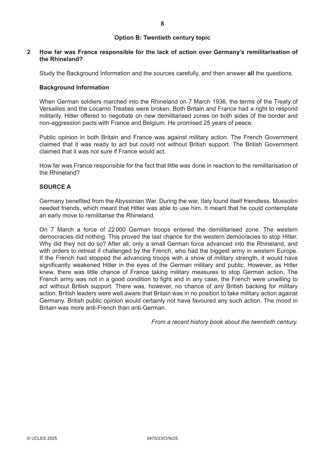 Cambridge IGCSE History 0470 2025 Oct/Nov Paper 2 · Variant 3 question paper, page 8 of 12