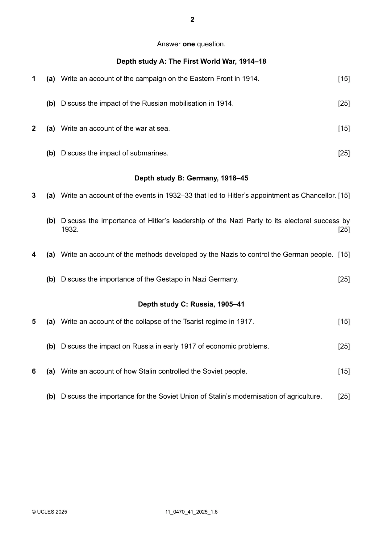 Cambridge IGCSE History 0470 2025 Oct/Nov Paper 4 · Variant 1 question paper, page 2 of 4