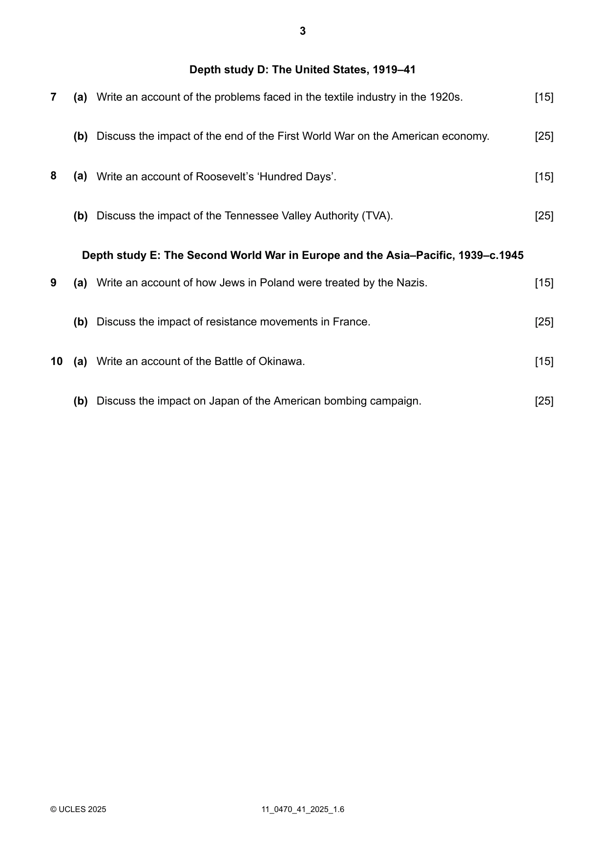 Cambridge IGCSE History 0470 2025 Oct/Nov Paper 4 · Variant 1 question paper, page 3 of 4