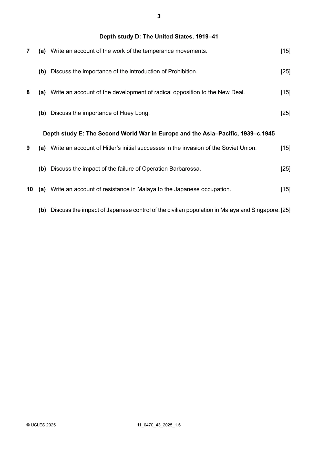 Cambridge IGCSE History 0470 2025 Oct/Nov Paper 4 · Variant 3 question paper, page 3 of 4