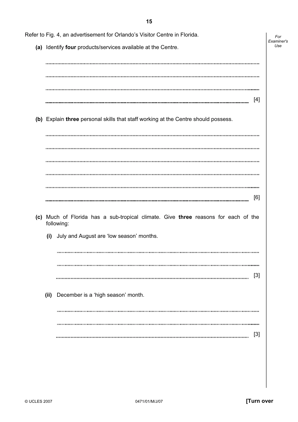 Cambridge IGCSE Travel and Tourism 0471 2007 May/June Paper 1 · Variant 1 question paper, page 15 of 16