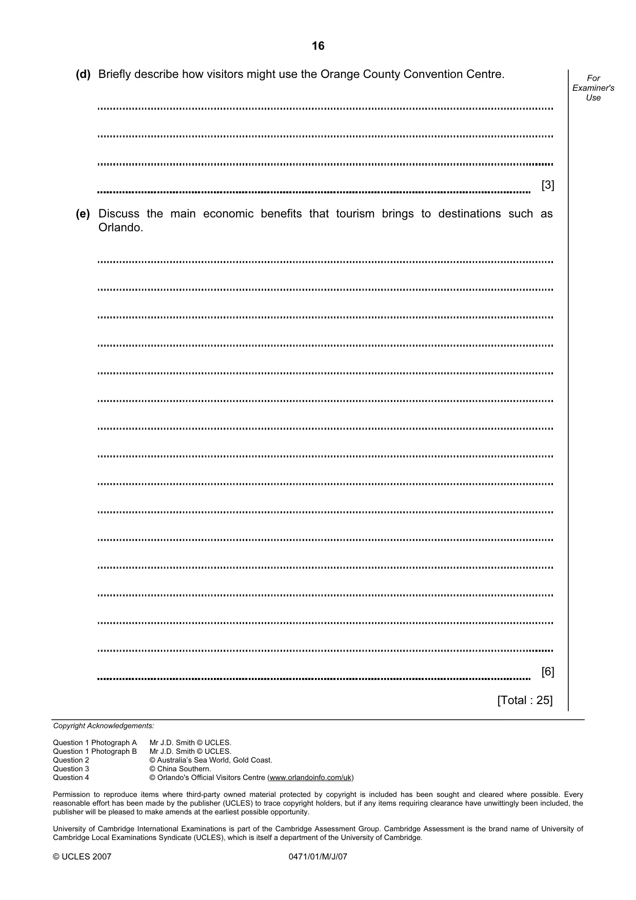 Cambridge IGCSE Travel and Tourism 0471 2007 May/June Paper 1 · Variant 1 question paper, page 16 of 16