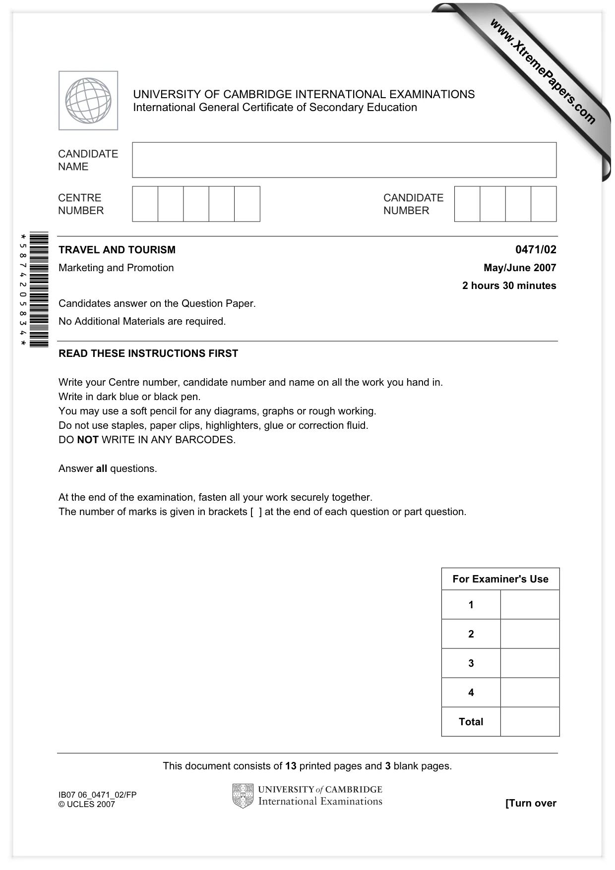 Cambridge IGCSE Travel and Tourism 0471 2007 May/June Paper 2 · Variant 1 question paper, page 1 of 16