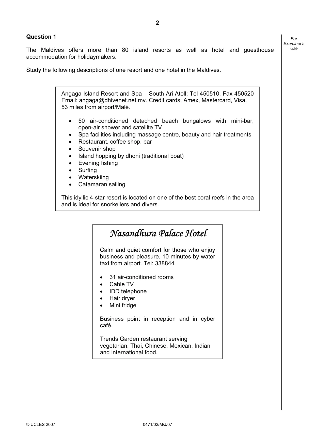 Cambridge IGCSE Travel and Tourism 0471 2007 May/June Paper 2 · Variant 1 question paper, page 2 of 16