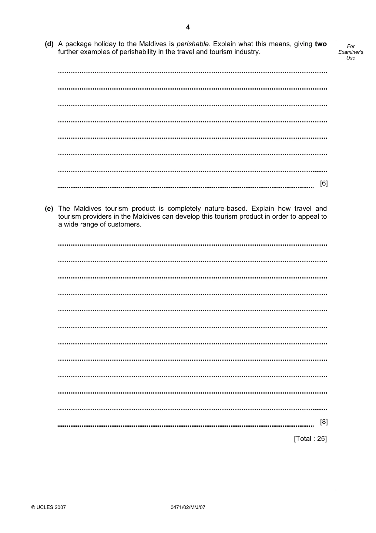 Cambridge IGCSE Travel and Tourism 0471 2007 May/June Paper 2 · Variant 1 question paper, page 4 of 16