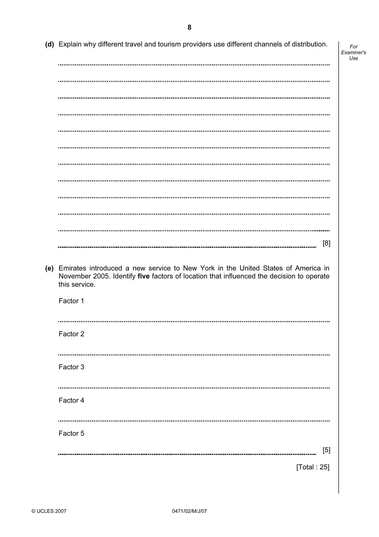 Cambridge IGCSE Travel and Tourism 0471 2007 May/June Paper 2 · Variant 1 question paper, page 8 of 16