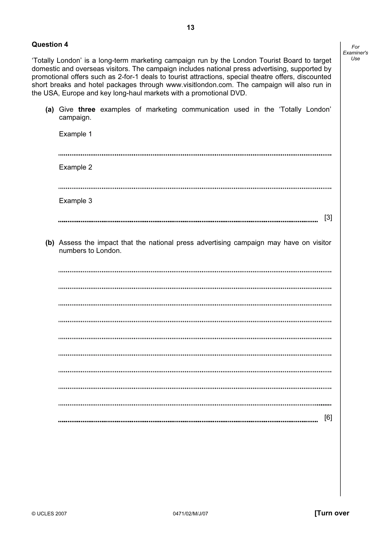 Cambridge IGCSE Travel and Tourism 0471 2007 May/June Paper 2 · Variant 1 question paper, page 13 of 16