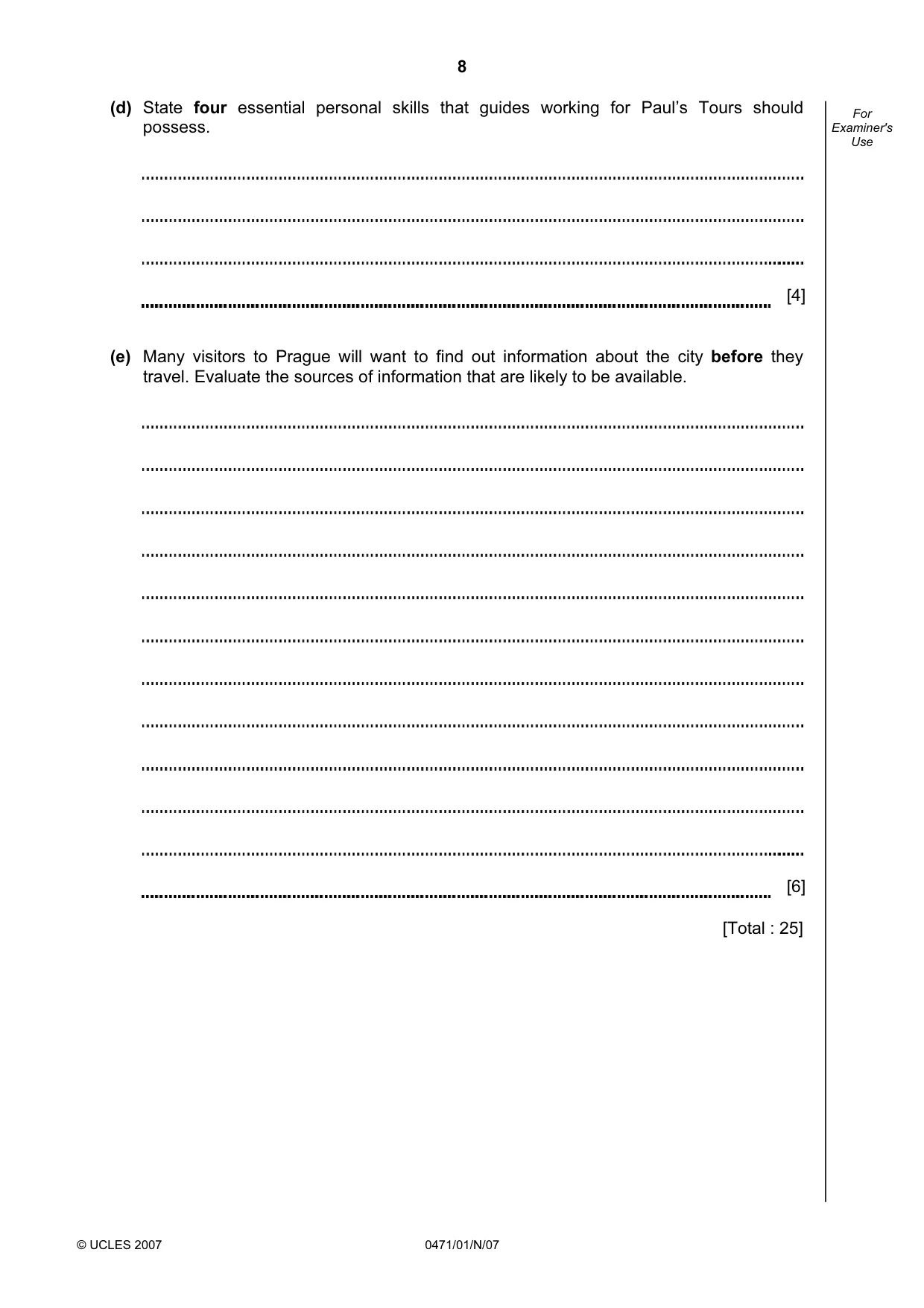 Cambridge IGCSE Travel and Tourism 0471 2007 Oct/Nov Paper 1 · Variant 1 question paper, page 8 of 16