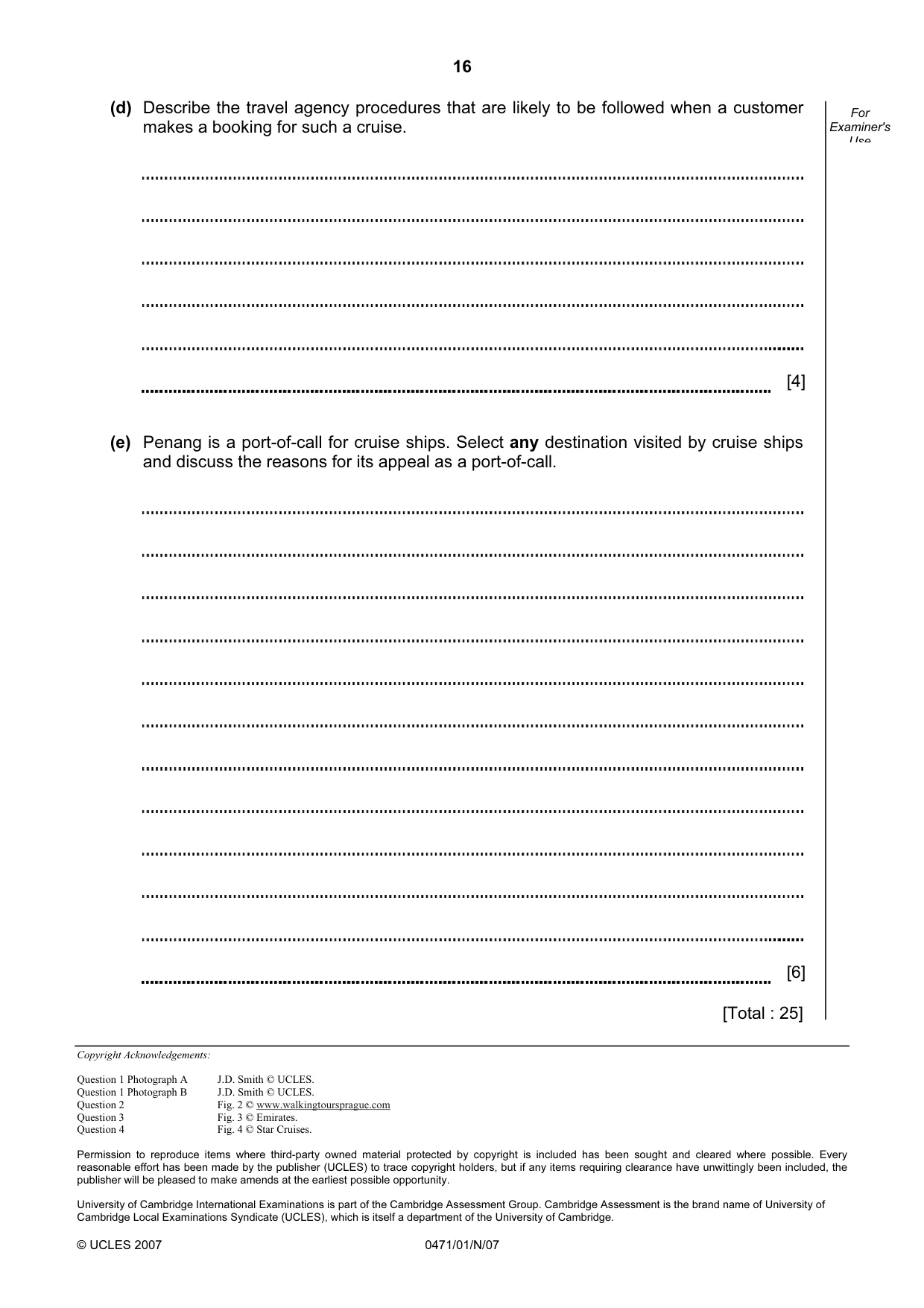 Cambridge IGCSE Travel and Tourism 0471 2007 Oct/Nov Paper 1 · Variant 1 question paper, page 16 of 16