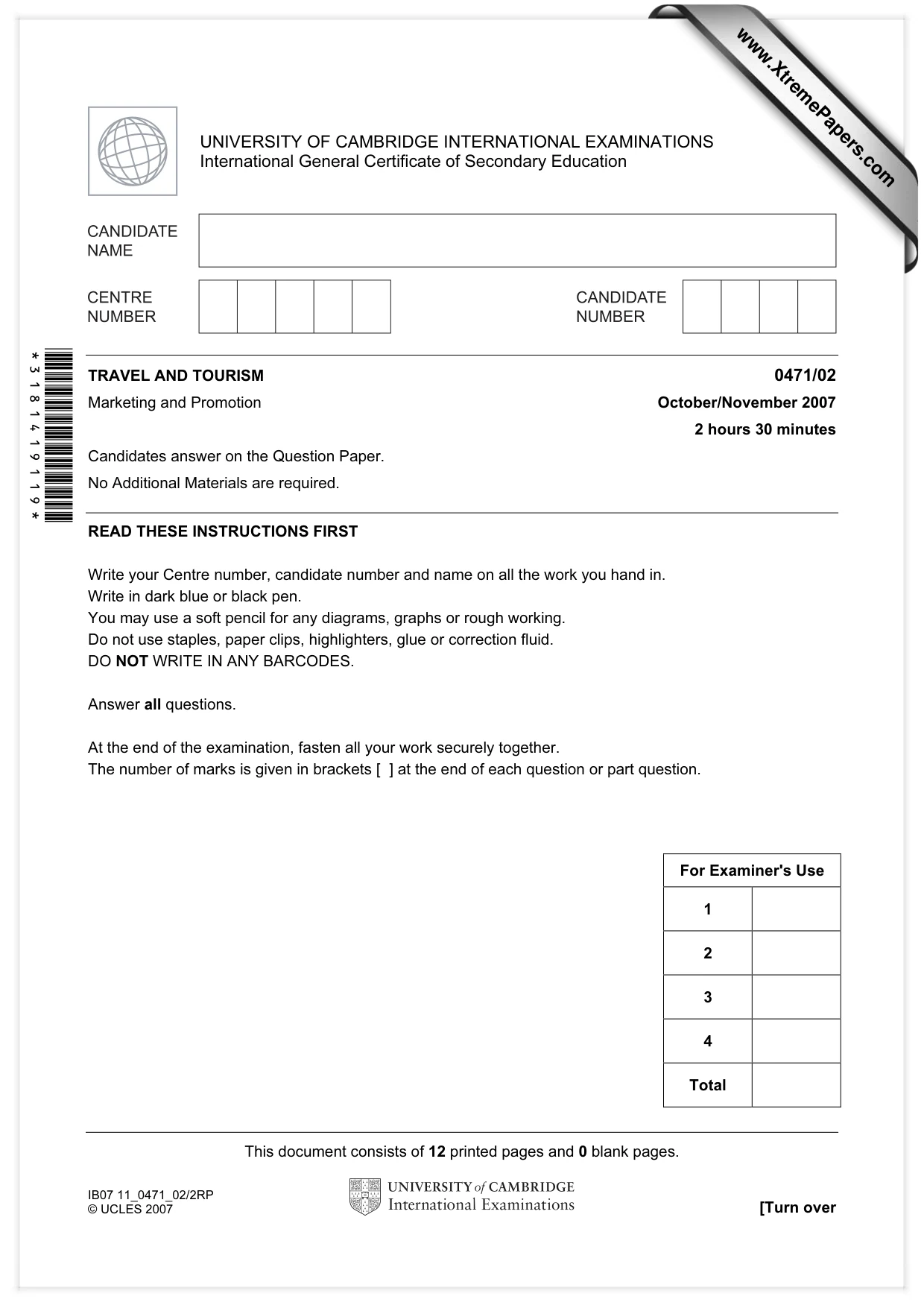 Cambridge IGCSE Travel and Tourism 0471 2007 Oct/Nov Paper 2 · Variant 1 question paper, page 1 of 12