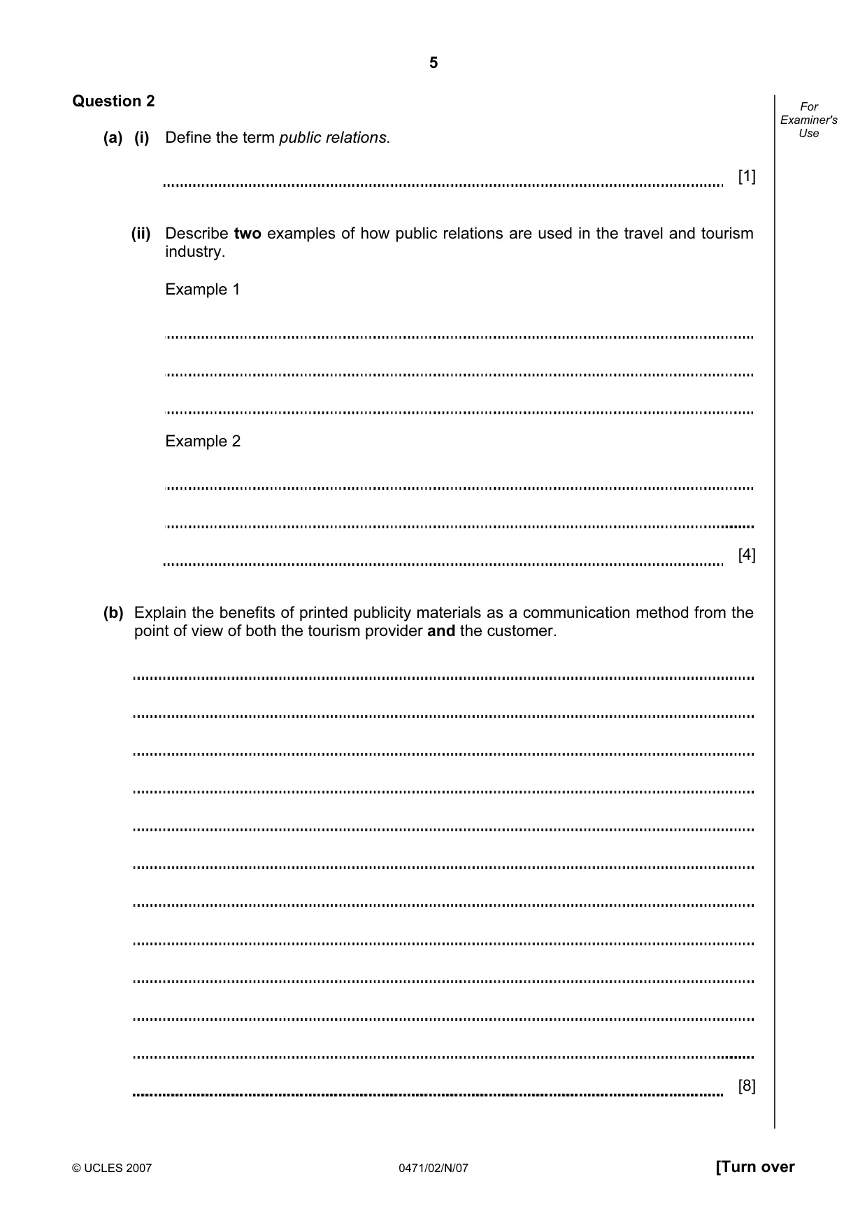 Cambridge IGCSE Travel and Tourism 0471 2007 Oct/Nov Paper 2 · Variant 1 question paper, page 5 of 12