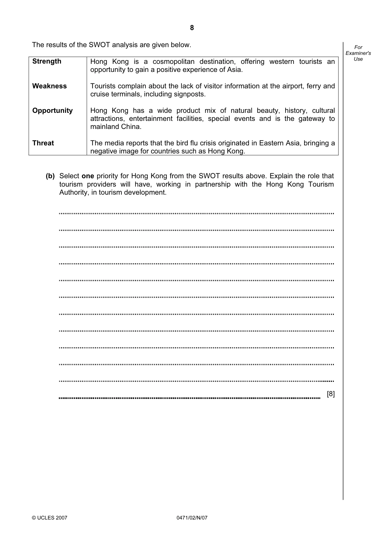 Cambridge IGCSE Travel and Tourism 0471 2007 Oct/Nov Paper 2 · Variant 1 question paper, page 8 of 12
