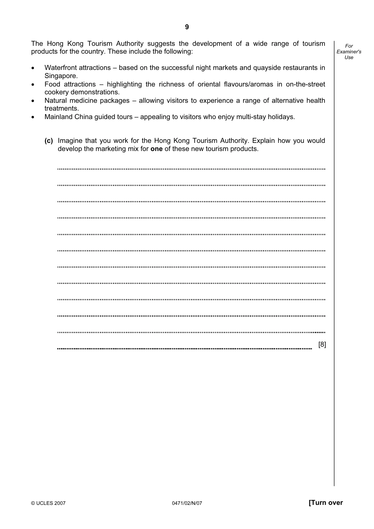 Cambridge IGCSE Travel and Tourism 0471 2007 Oct/Nov Paper 2 · Variant 1 question paper, page 9 of 12
