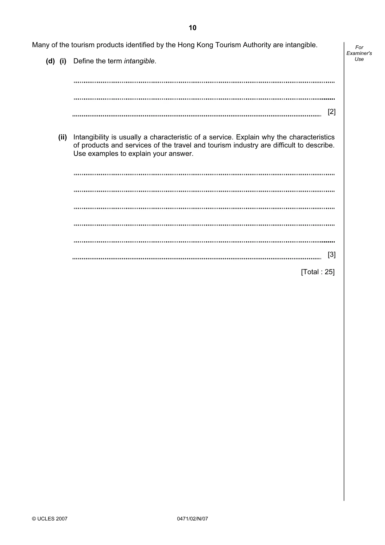 Cambridge IGCSE Travel and Tourism 0471 2007 Oct/Nov Paper 2 · Variant 1 question paper, page 10 of 12