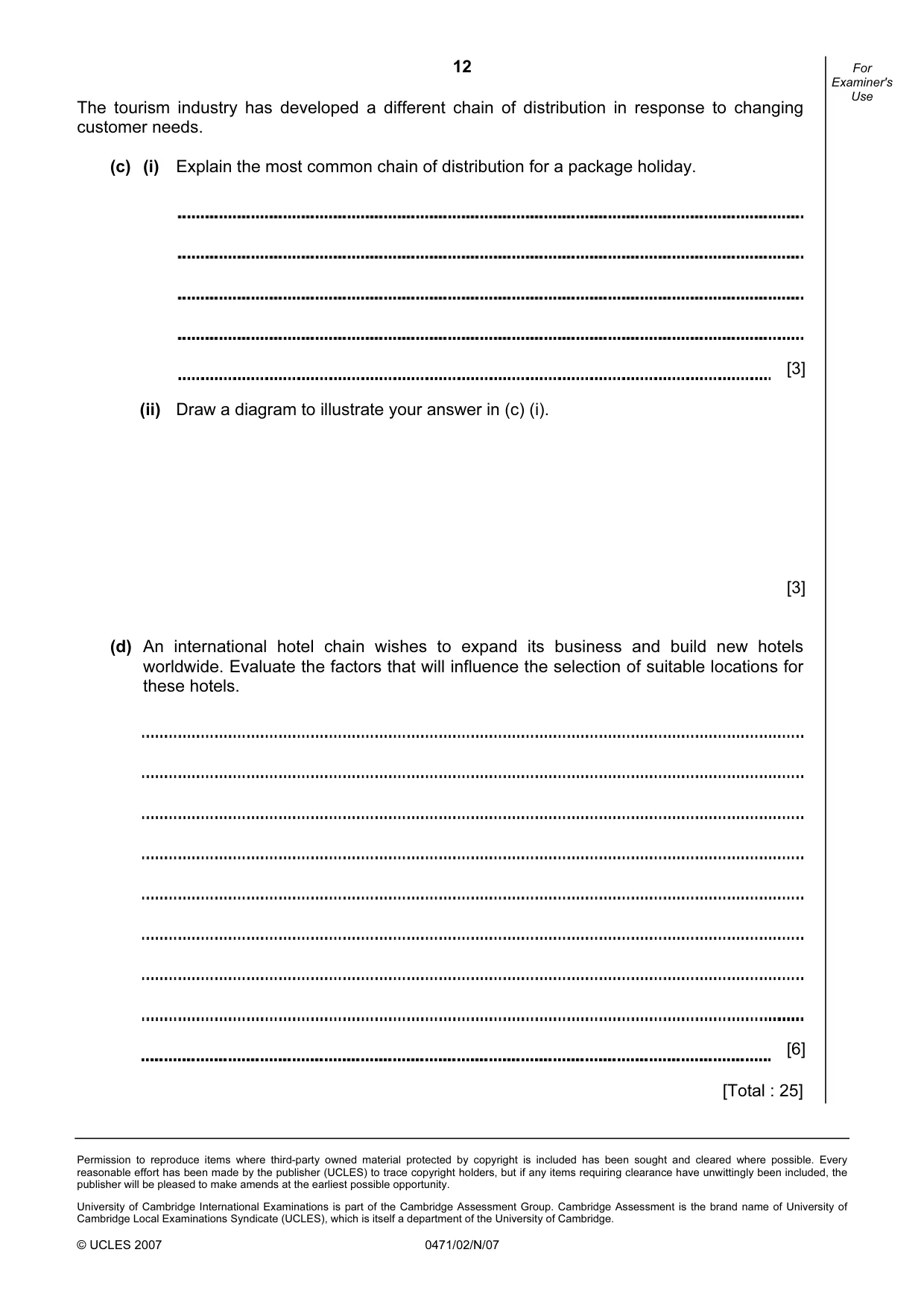 Cambridge IGCSE Travel and Tourism 0471 2007 Oct/Nov Paper 2 · Variant 1 question paper, page 12 of 12