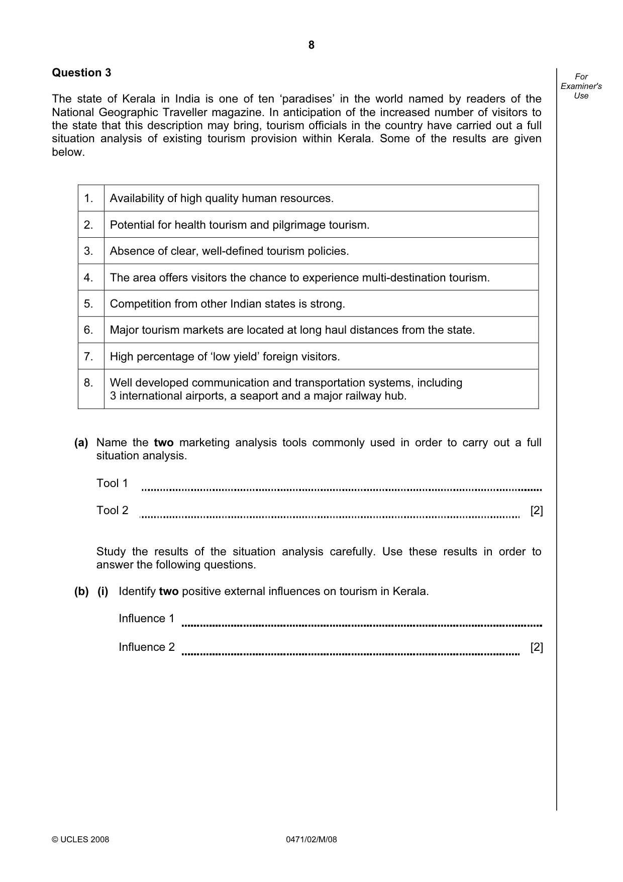 Cambridge IGCSE Travel and Tourism 0471 2008 May/June Paper 2 · Variant 1 question paper, page 8 of 16