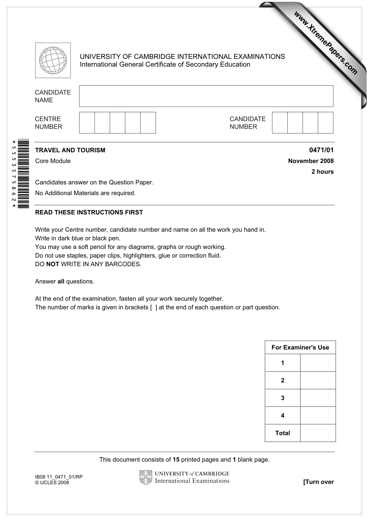 Cambridge IGCSE Travel and Tourism 0471 2008 Oct/Nov Paper 1 · Variant 1 question paper, page 1 of 16