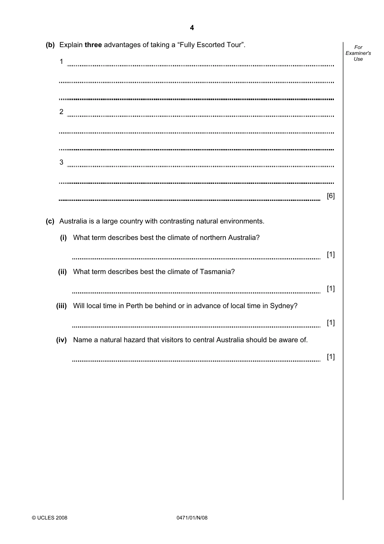 Cambridge IGCSE Travel and Tourism 0471 2008 Oct/Nov Paper 1 · Variant 1 question paper, page 4 of 16