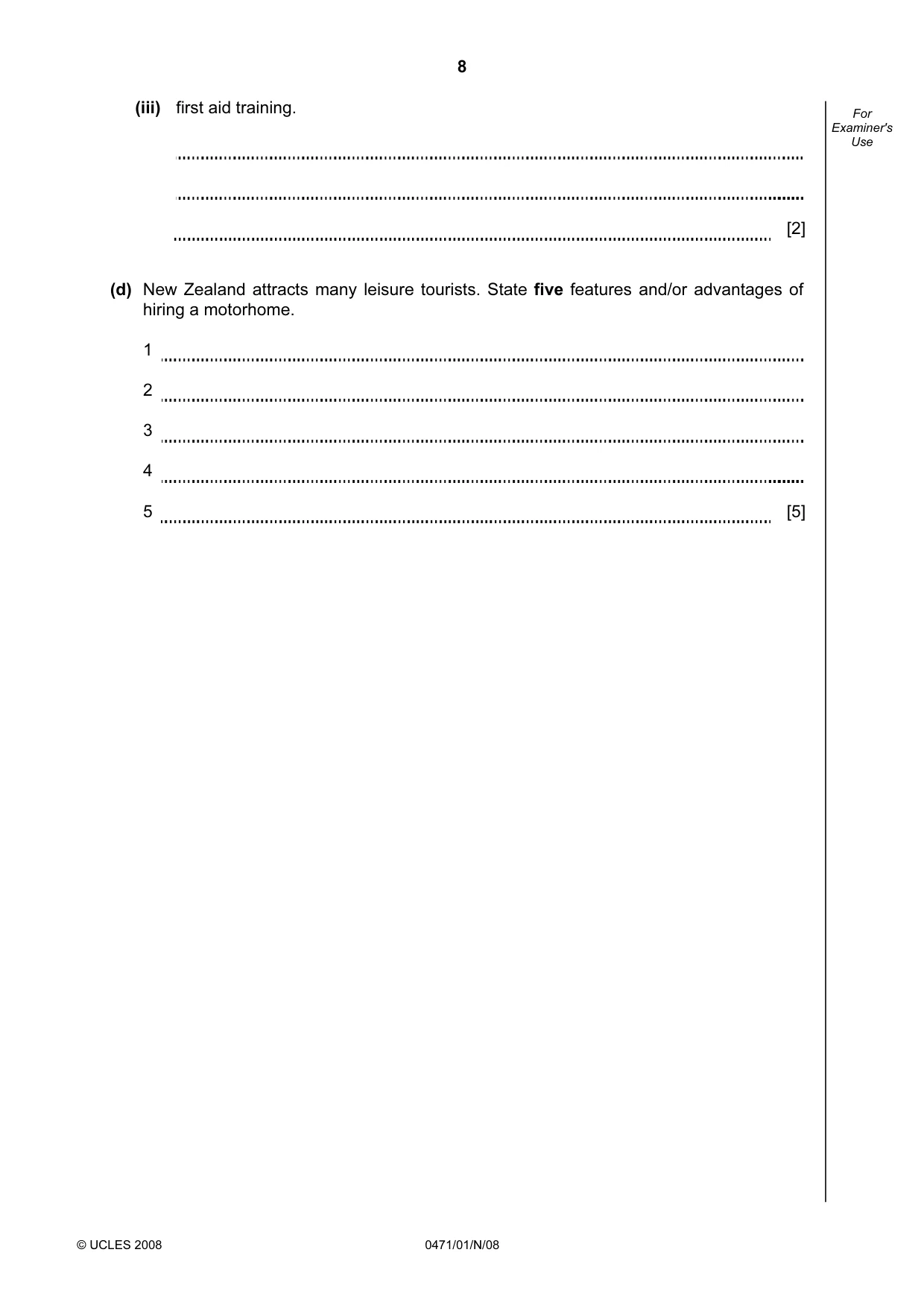 Cambridge IGCSE Travel and Tourism 0471 2008 Oct/Nov Paper 1 · Variant 1 question paper, page 8 of 16