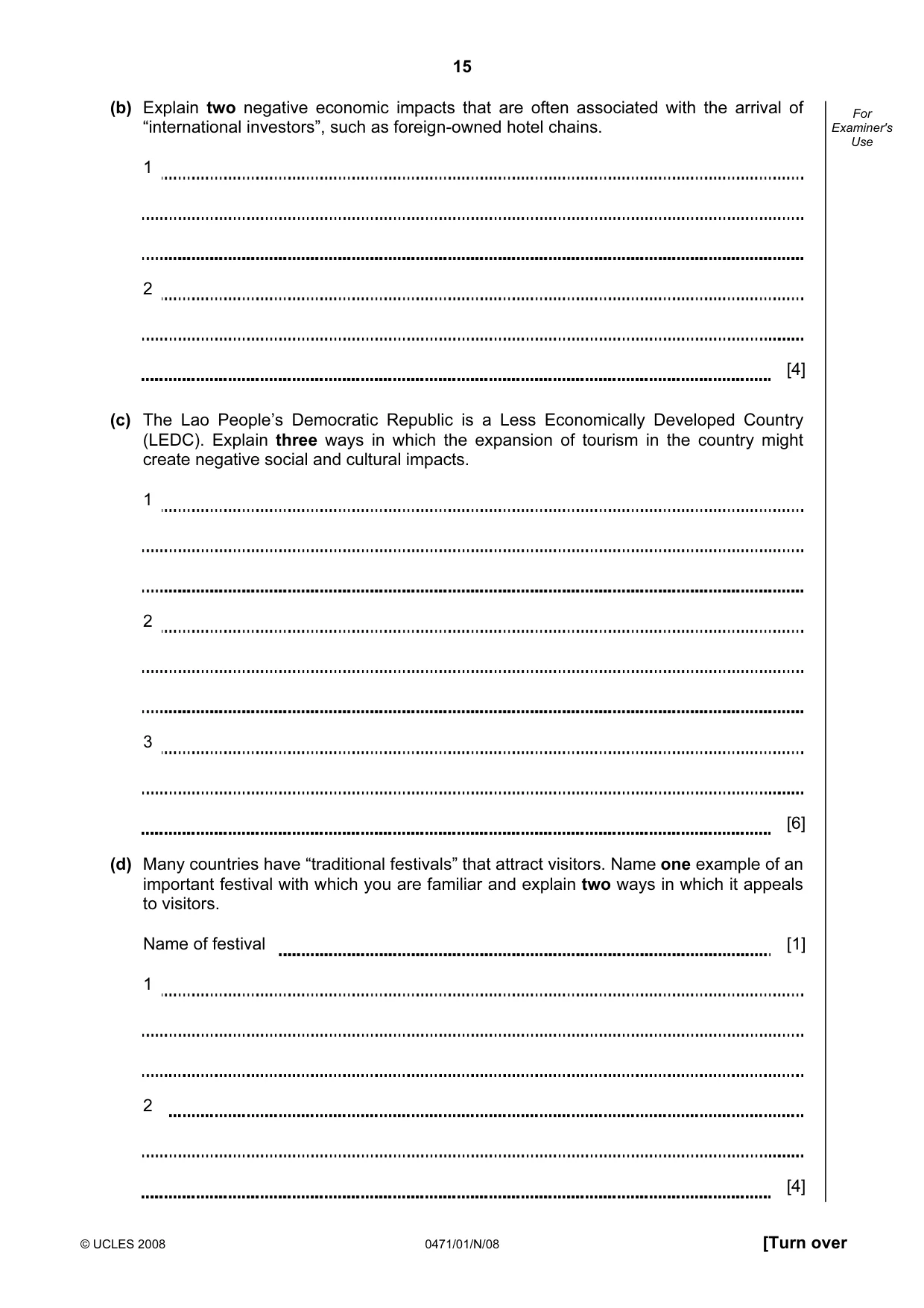 Cambridge IGCSE Travel and Tourism 0471 2008 Oct/Nov Paper 1 · Variant 1 question paper, page 15 of 16