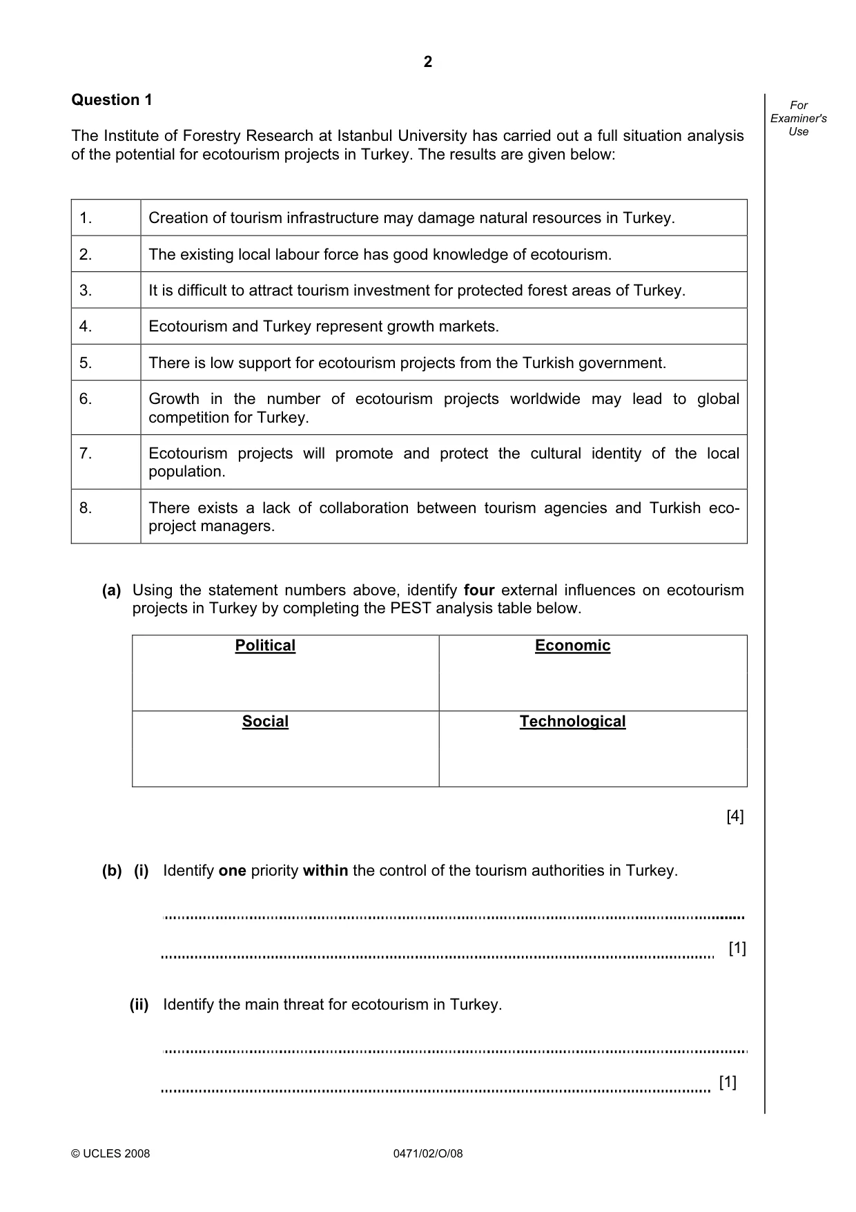 Cambridge IGCSE Travel and Tourism 0471 2008 Oct/Nov Paper 2 · Variant 1 question paper, page 2 of 16