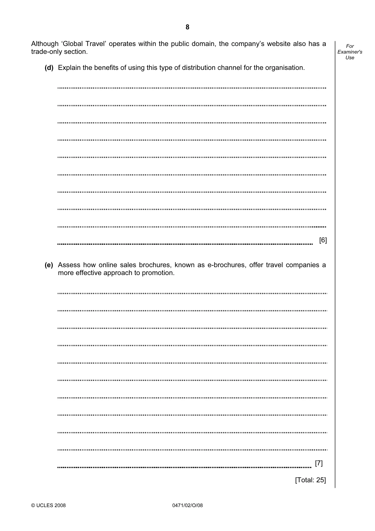 Cambridge IGCSE Travel and Tourism 0471 2008 Oct/Nov Paper 2 · Variant 1 question paper, page 8 of 16