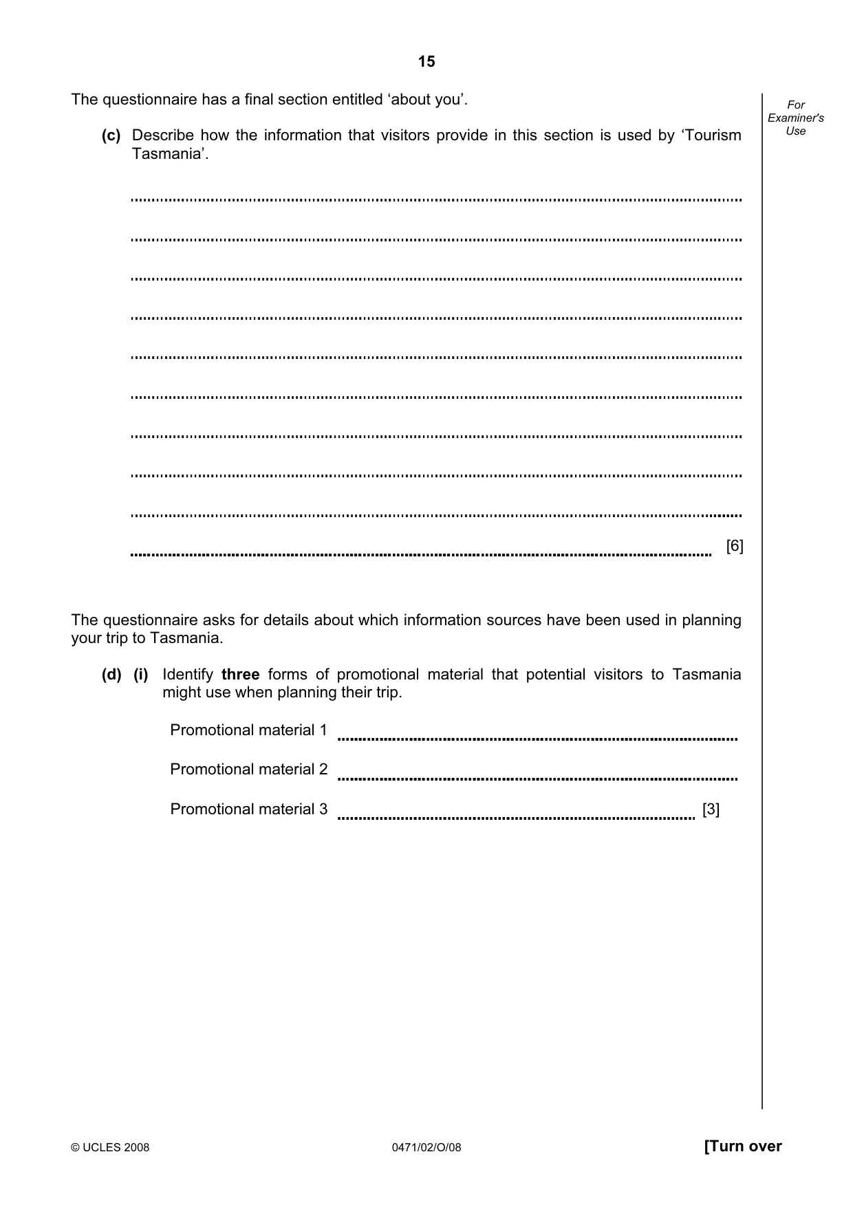 Cambridge IGCSE Travel and Tourism 0471 2008 Oct/Nov Paper 2 · Variant 1 question paper, page 15 of 16