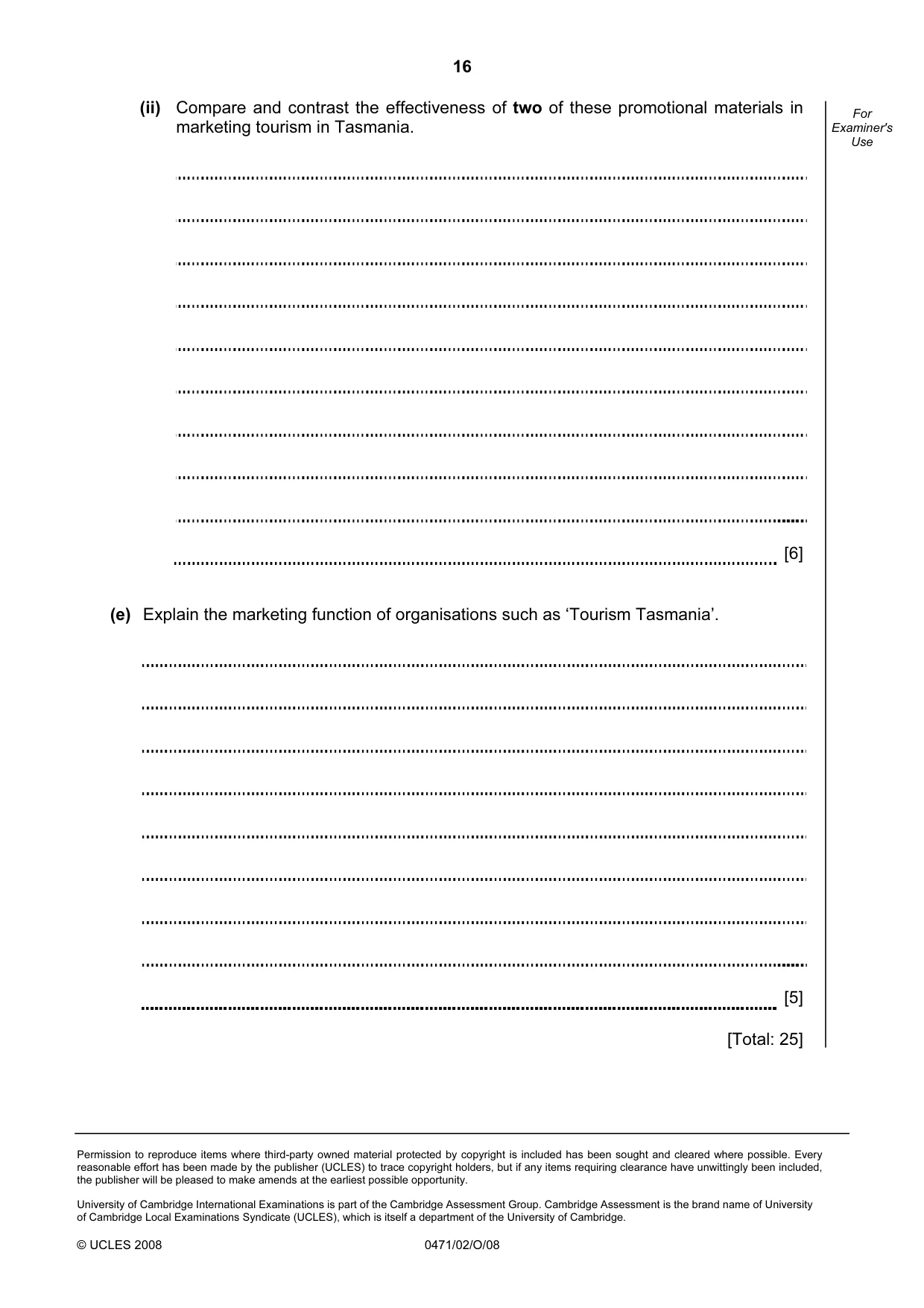 Cambridge IGCSE Travel and Tourism 0471 2008 Oct/Nov Paper 2 · Variant 1 question paper, page 16 of 16