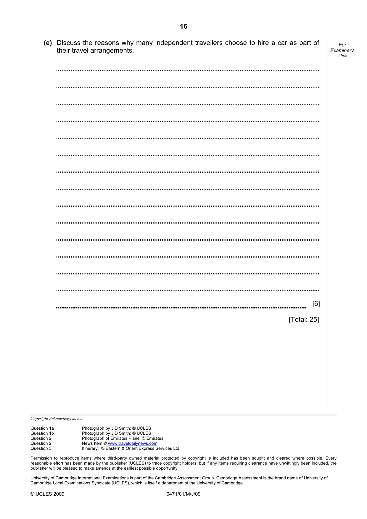 Cambridge IGCSE Travel and Tourism 0471 2009 May/June Paper 1 · Variant 1 question paper, page 16 of 16