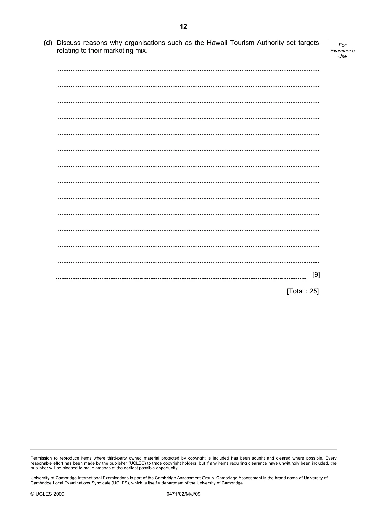 Cambridge IGCSE Travel and Tourism 0471 2009 May/June Paper 2 · Variant 1 question paper, page 12 of 12