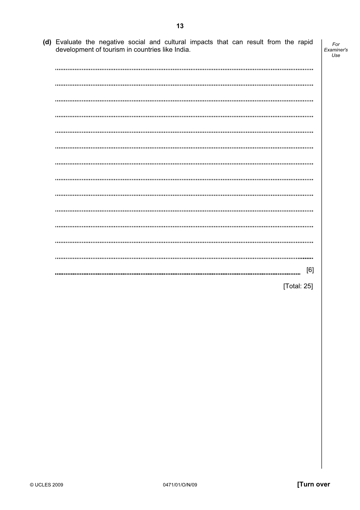 Cambridge IGCSE Travel and Tourism 0471 2009 Oct/Nov Paper 1 · Variant 1 question paper, page 13 of 16