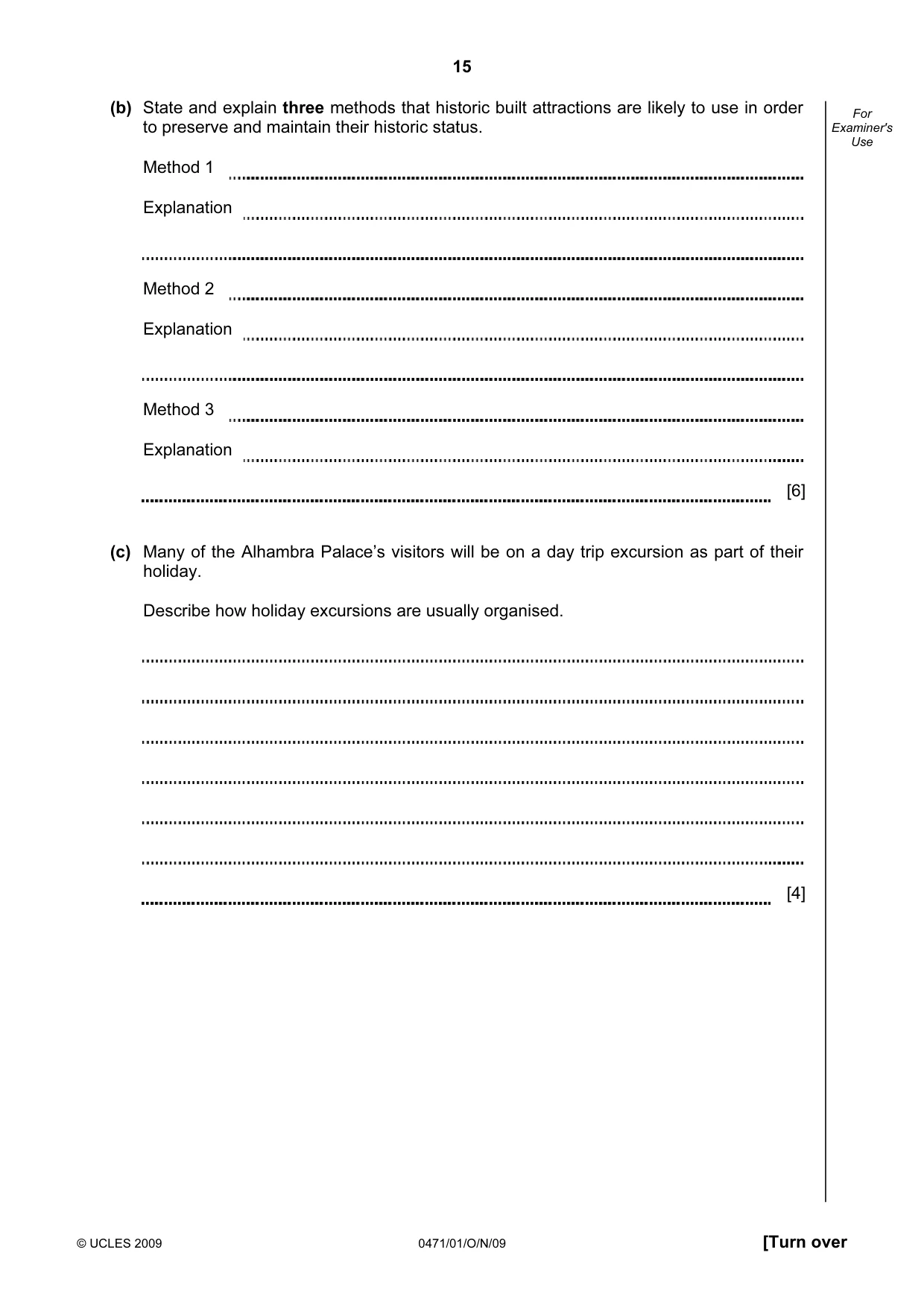 Cambridge IGCSE Travel and Tourism 0471 2009 Oct/Nov Paper 1 · Variant 1 question paper, page 15 of 16