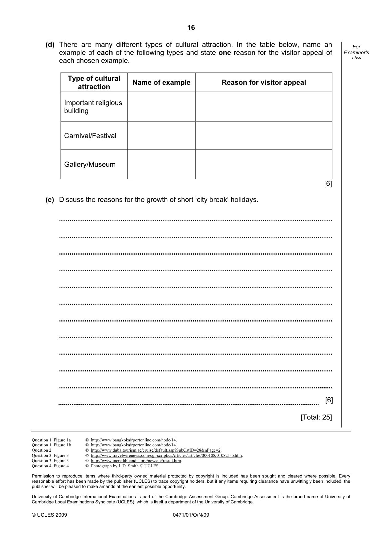 Cambridge IGCSE Travel and Tourism 0471 2009 Oct/Nov Paper 1 · Variant 1 question paper, page 16 of 16
