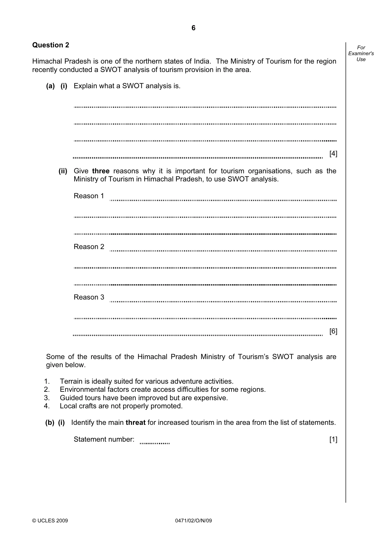 Cambridge IGCSE Travel and Tourism 0471 2009 Oct/Nov Paper 2 · Variant 1 question paper, page 6 of 12