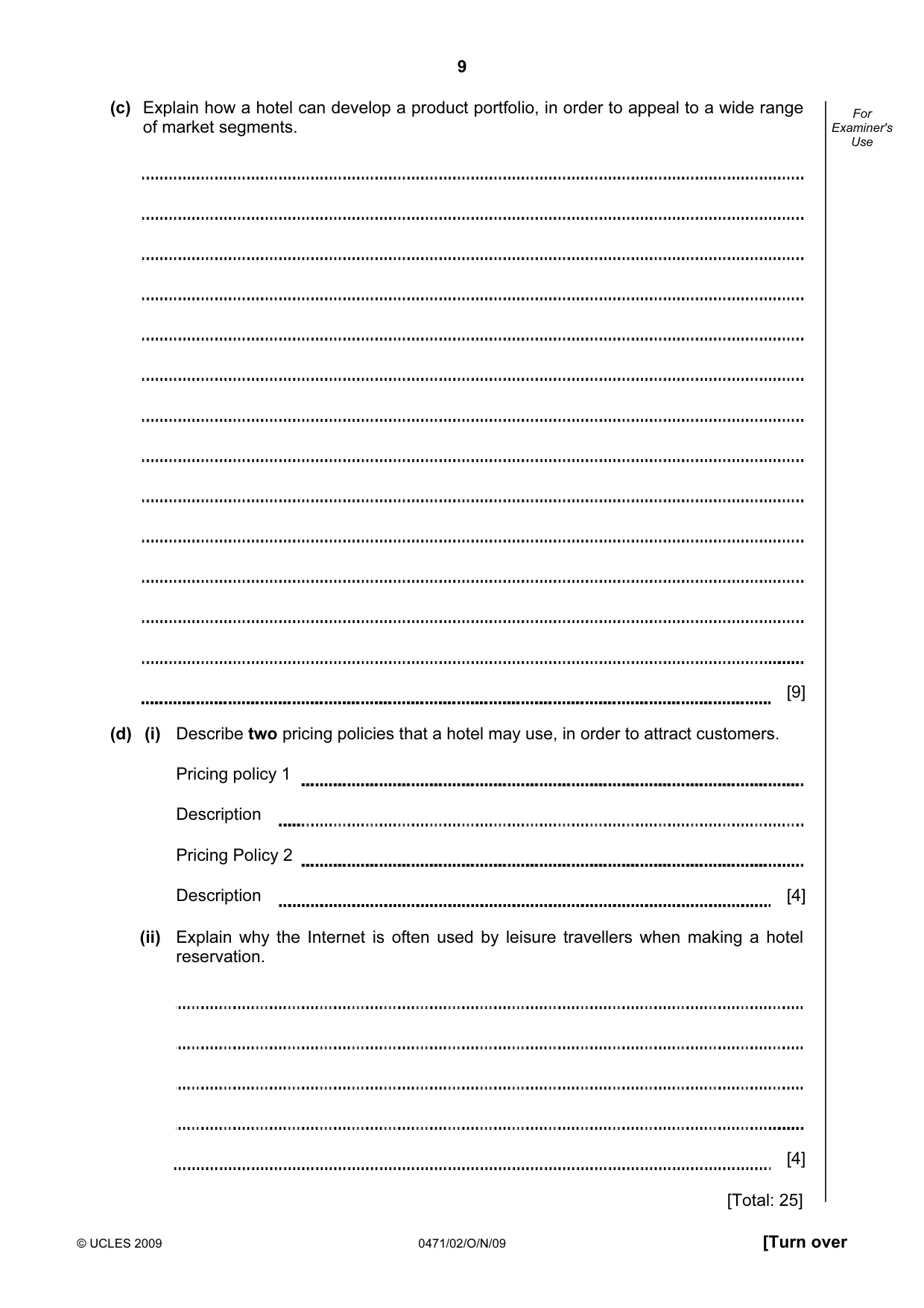 Cambridge IGCSE Travel and Tourism 0471 2009 Oct/Nov Paper 2 · Variant 1 question paper, page 9 of 12