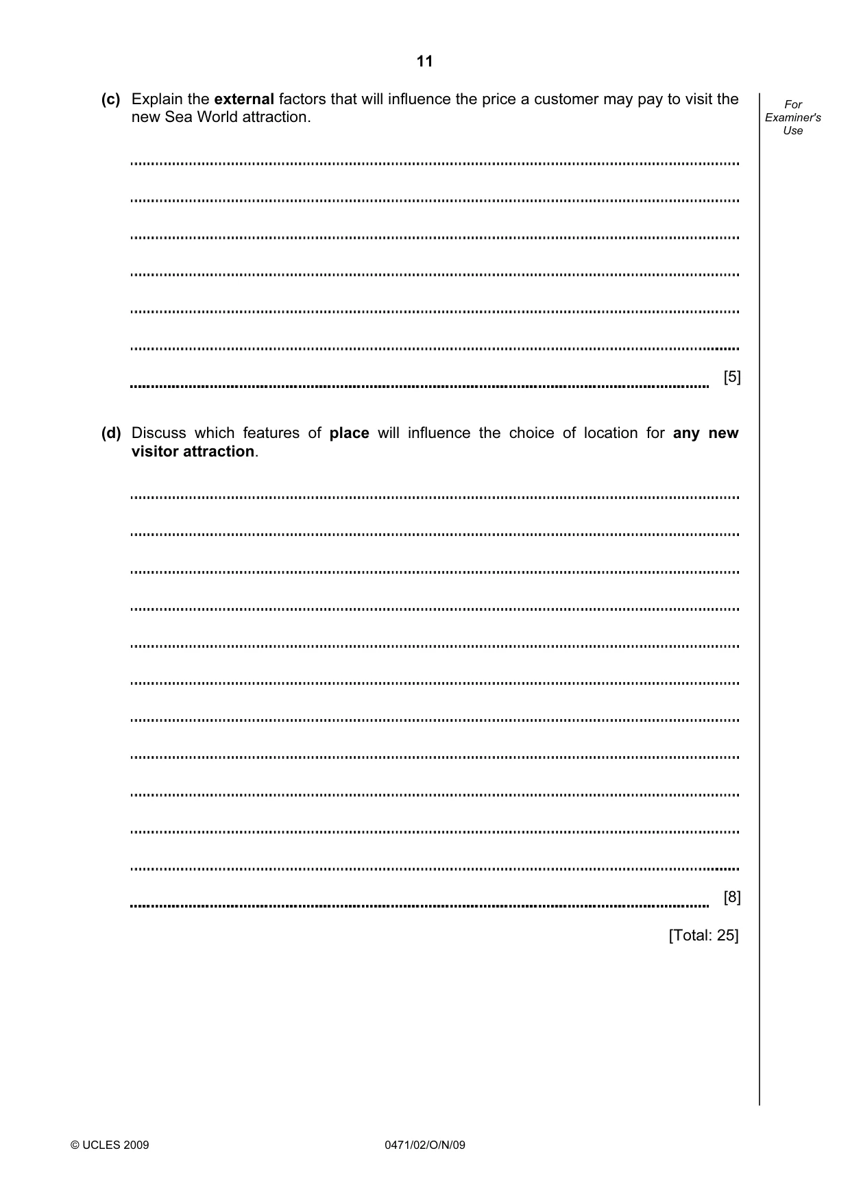 Cambridge IGCSE Travel and Tourism 0471 2009 Oct/Nov Paper 2 · Variant 1 question paper, page 11 of 12