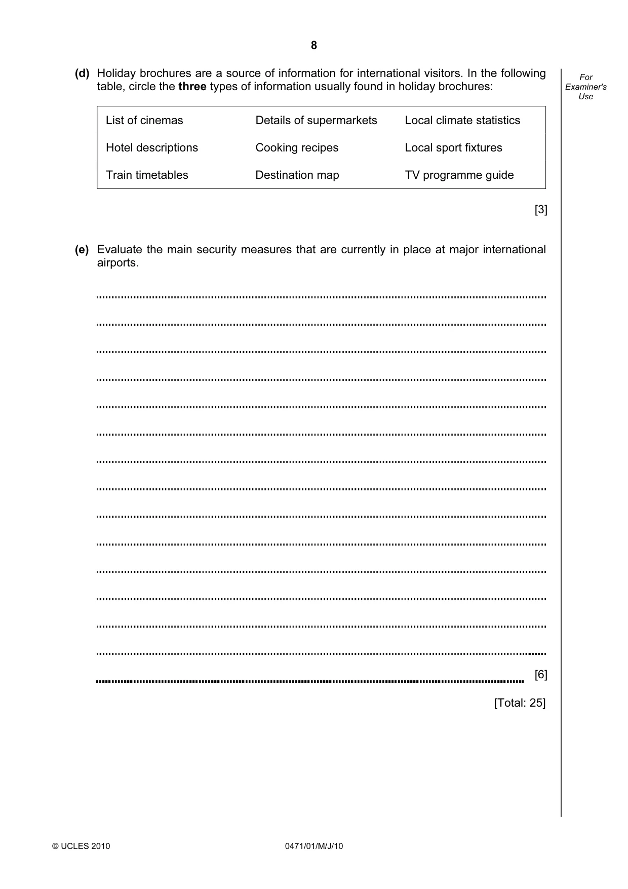 Cambridge IGCSE Travel and Tourism 0471 2010 May/June Paper 1 · Variant 1 question paper, page 8 of 16