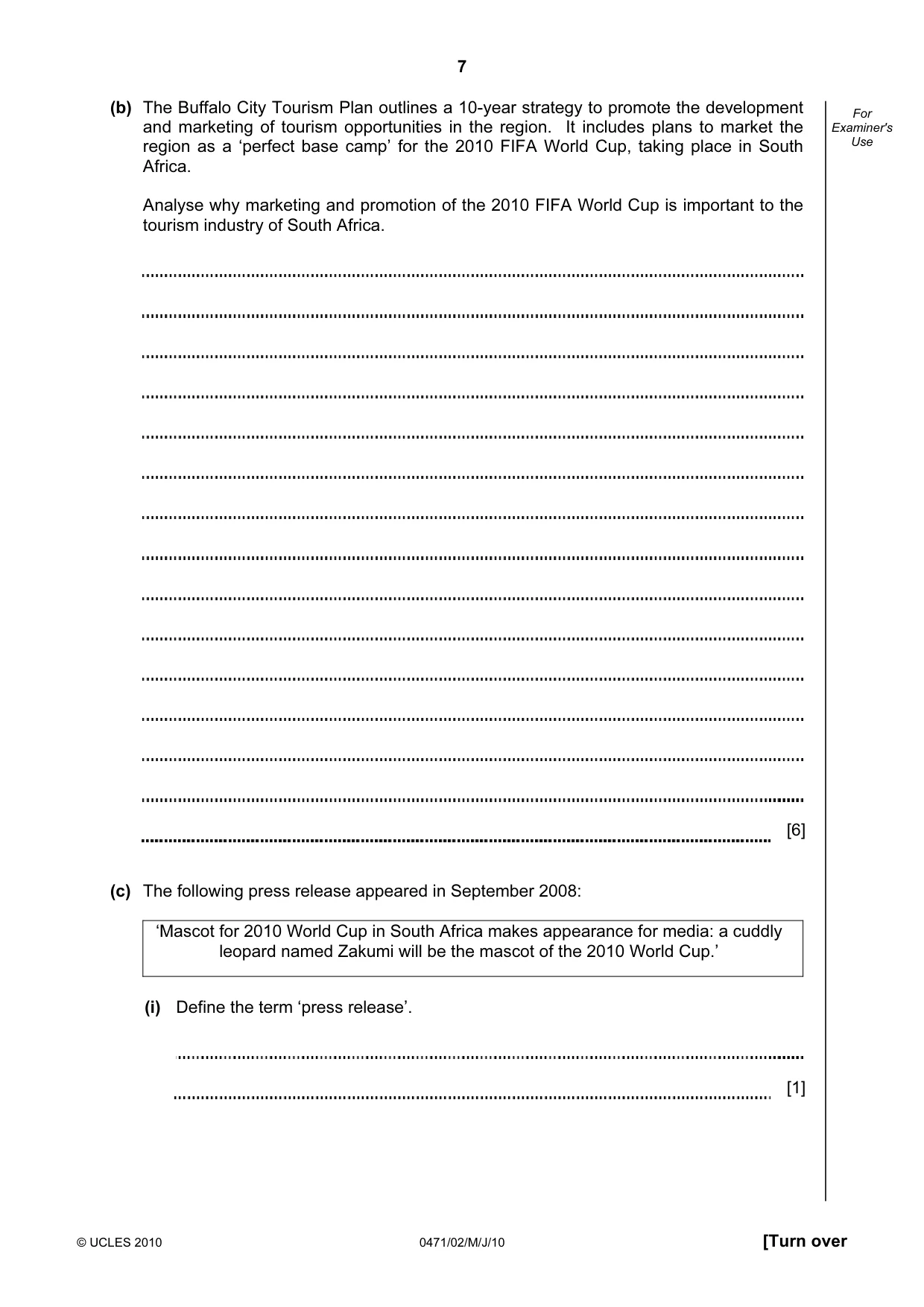 Cambridge IGCSE Travel and Tourism 0471 2010 May/June Paper 2 · Variant 1 question paper, page 7 of 16